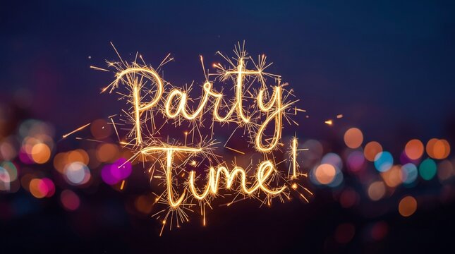 Glowing sparkler light writing saying Party Time on colorful bokeh night background, festive celebration wallpaper or greeting card design symbolizing joy, fun, energy and nightlife atmosphere