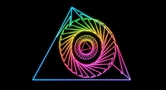 A vibrant neon graphic featuring nested geometric shapes on a stark black background, showcasing spiral and triangular forms