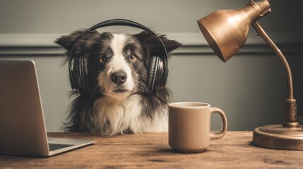 Border collie dog with headphones working at laptop in cozy home office. AI generative