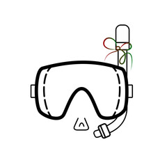Minimalist line art icon of diving mask and snorkel with a decorative ribbon, isolated on transparent background, perfect for travel, sea adventures and underwater exploration