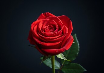 A vibrant red rose, freshly bloomed, with water droplets, isolated against a dark, contrasting background