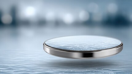 Floating Circular Platform over Calm Water Surface with Blurred Background and Soft Lighting Effects