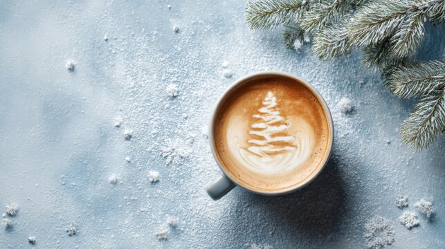 Naklejki Festive Latte Art: A Christmas Tree Design in a Mug on Snowy Blue Background