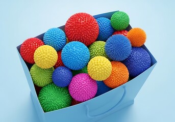 A vibrant shot of a paper bag overflowing with colorful, spiky spheres of various hues against a light blue backdrop