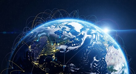 A vibrant shot of Earth in space, illuminated by a sunburst. Interconnected lines represent global networking across continents