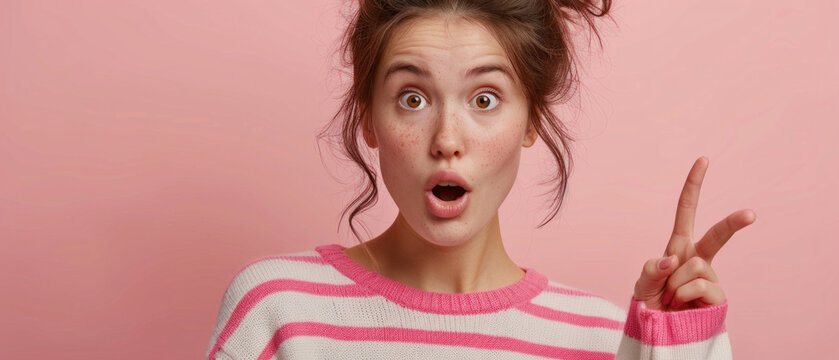 A girl with a surprised expression on her face and a bun hairstyle shows a "thumbs up" gesture.
Useful for adverts, blogs about youth culture and positive emotions.