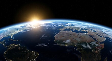 A vibrant sunrise casts golden light over Earth, revealing continents, oceans, and city lights on the planet's curve