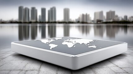 Modern 3D Map Display Behind City Skyline with Water Reflection in Urban Landscape