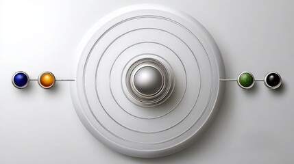 Abstract representation of energy flow with circular patterns and colored orbs on a minimalist background