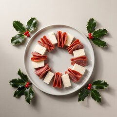 Top view of a creative holiday appetizer platter arranged in a wreath shape with slices of salami and cubes of cheese, decorated with holly leaves and red berries for a Christmas celebration concept