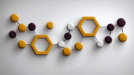 Abstract representation of molecular structure with colorful spheres and hexagonal shapes on a light background