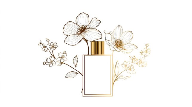 Elegant perfume logo with golden floral line art and minimalist bottle silhouette on white background, Concept: Luxury perfume branding, feminine elegance, minimalist and refined logo design. - Powered by Adobe