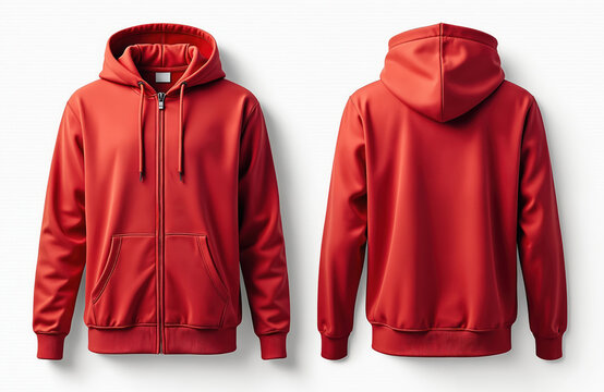 Red zip-up hoodie shown in front, back views. Casual attire great for sporty looks. Comfortable garment ideal for mockups. Unisex apparel. Perfect blank template to add design logo. Warm hooded