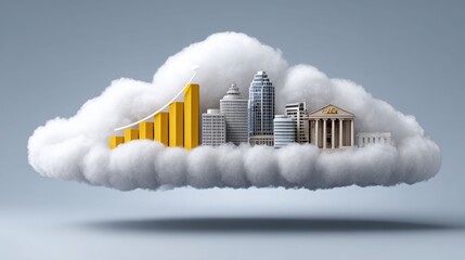 Cloud Concept with Skyline, Bar Graph, and Business Growth Symbols Against Gray Background
