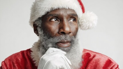 Thoughtful Santa Claus: African American man in Santa suit contemplates the holiday season with anticipation