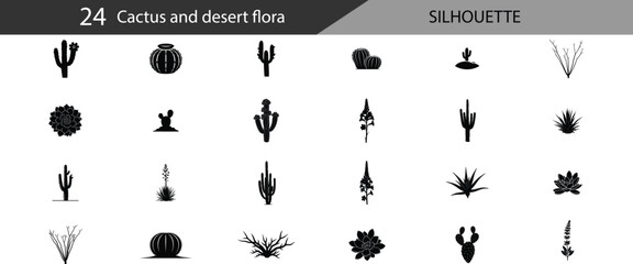 Collection of 24 diverse cactus Flowering, Barrel , Prickly Pear, Succulent Rosette, Desert Shrub, Agave Plant, Tall Saguaro in various shapes and sizes for graphic design © smvect