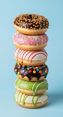Tower of assorted donuts with chocolate, pink, and green icing topped with sprinkles and candies, delicious dessert concept for food advertising or bakery promotion