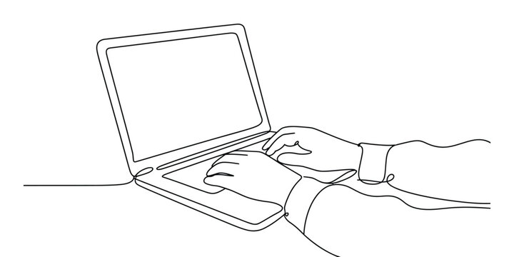 Continuous line drawing of hands typing on a laptop keyboard and using a touchpad vector
