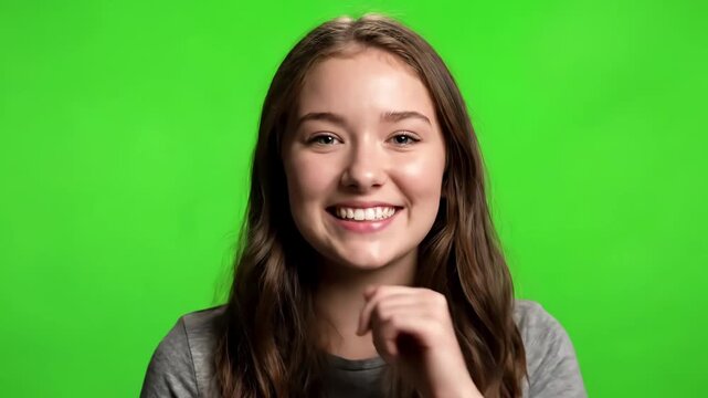 Green Screen happy pretty caucasian girl smiling face and talking to webcam make video call at home chatting by virtual zoom app online videocall meeting on background chroma key scene 3 with