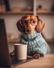 Dachshund Dog in Glasses Working on Laptop at Cozy Home Office. AI generative
