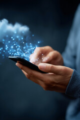 Person connecting to cloud computing network using smartphone