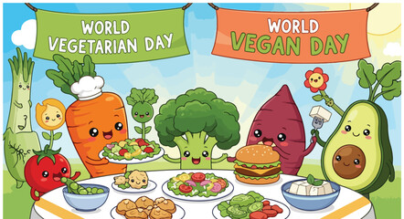 Happy world vegetarian and vegan day with cute vegetables and food