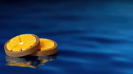 Fresh Orange Slices on Chocolate Cookie with Blue Water Reflection for Food and Beverage Concepts