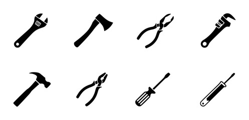 Collection of Black and White Icons of Common Hand Tools