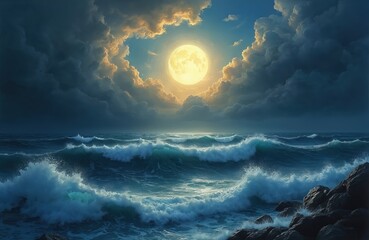 Large moon shines bright over rough ocean waves. Dark storm clouds part revealing moonlit sky. Water crashes on shore rocks. Serene yet powerful night sea.