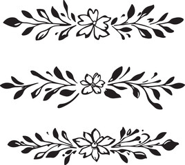 Fototapeta premium Hand Drawn Floral Decorative Borders with Leaves and Flowers in Black Silhouette on White Background