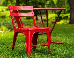 Red Metal Chair and Table on Green Lawn - Outdoor Seating.