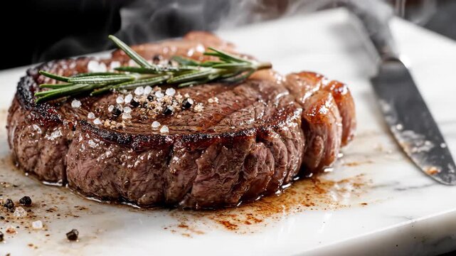 Juicy Grilled Steak with Herbs and Seasoning on a White Plate