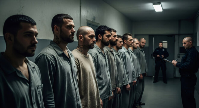Line of men prisoners in gray uniform inside a dark prison hallway with a guard. Criminal justice system concept.