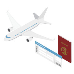 飛行機とパスポートと航空券・アイソメトリック