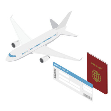 飛行機とパスポートと航空券・アイソメトリック