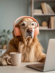 Golden retriever with headphones and glasses working at laptop in home office. AI generative