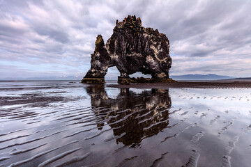 Hvitserkur rock formation (Hvitserkur Cliff - the White Nightgown) on a moody calm summer morning....