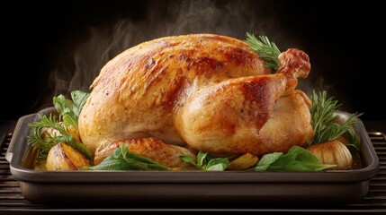 Fototapeta premium Mouthwatering Roasted Whole Chicken with Fresh Herbs and Vegetables Served on a Platter in a Warm and Inviting Kitchen Setting