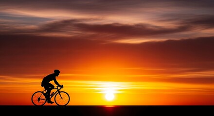 Obraz premium Silhouette of a Cyclist Riding into the Sunset, Evoking Freedom and Fitness. Ideal for promoting active lifestyles, travel destinations, or motivational themes.