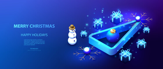 Happy Holiday Christmas card isometric banner with snowman and tree. Technology ai xmas design with snowflakes and gifts. Vector illustration for Happy New Year.
