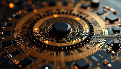 Intricate gold circuit board with central black dial. Glowing orange lights on motherboard, representing tech innovation and data flow. Complex wiring and microchips in close-up.