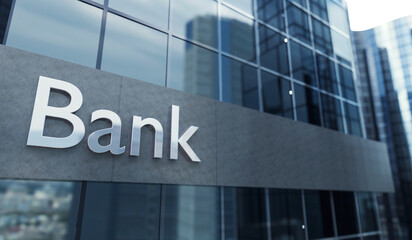 Modern bank facade with glass building l in financial district, front bank building.