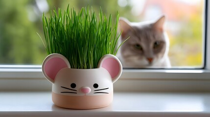A gray domestic cat sitting on a ill, gazing curiously at a planter filled with lush green grass indoors