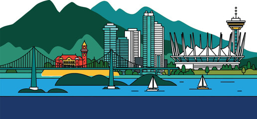 Fototapeta premium Vibrant city skyline with mountains and sailboats on the water