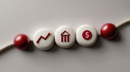 Abstract representation of finance concepts with icons depicting growth, banking, and currency symbol on beads