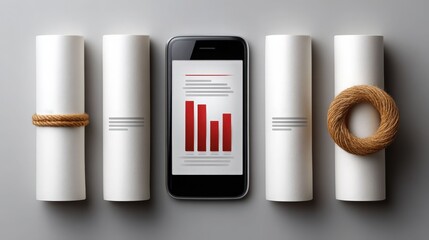 Business Strategy and Growth Concept with Paper Rolls, Smartphone, and Graphs on Gray Background