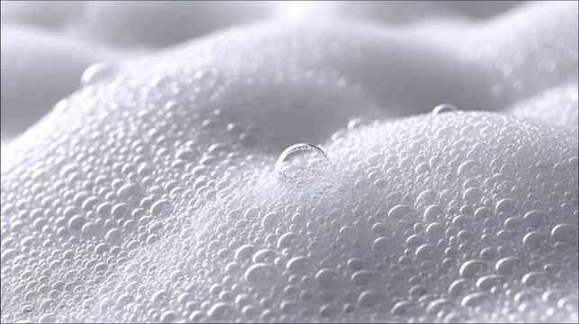 Close-up view of transparent water droplets and bubbles forming a minimalist, textured pattern on a gray, serene background