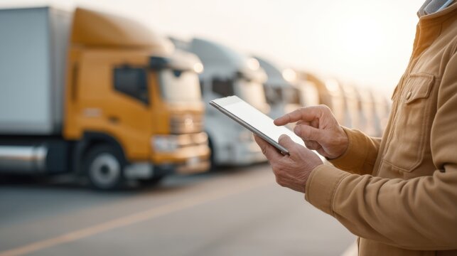 Professional truck driver using tablet device for logistics management at transportation yard with large trucks parked in background during sunset hours