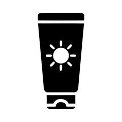 Solid black glyph icon depicting sunscreen tube with central sun symbol
