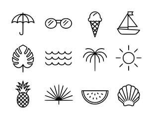 Summer Vacation Icons Umbrella, Sunglasses, Ice Cream, Sailboat, and More